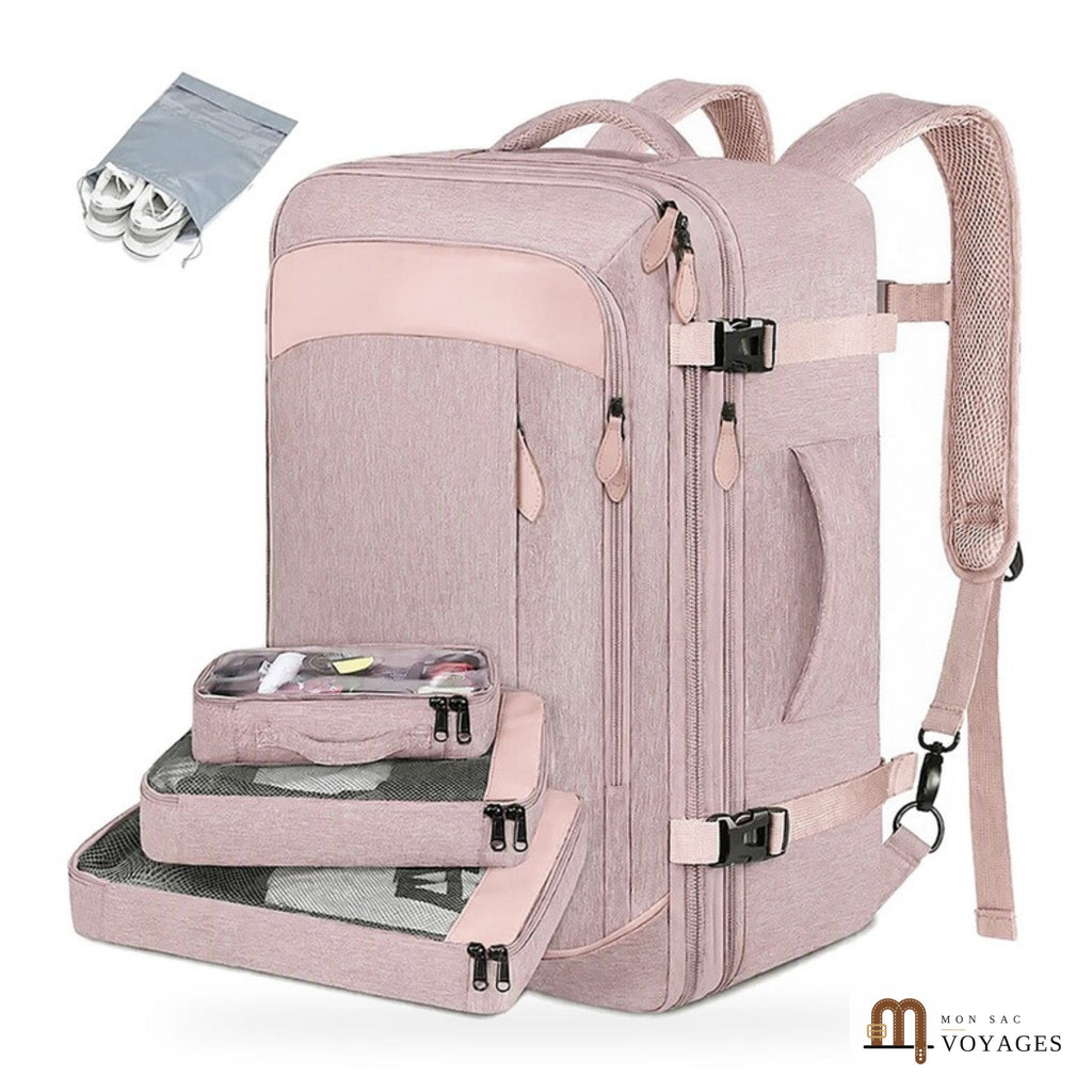 Sac à dos cabine Horizon 42 L coloris rose avec 3 cubes de rangement et sac à chaussures