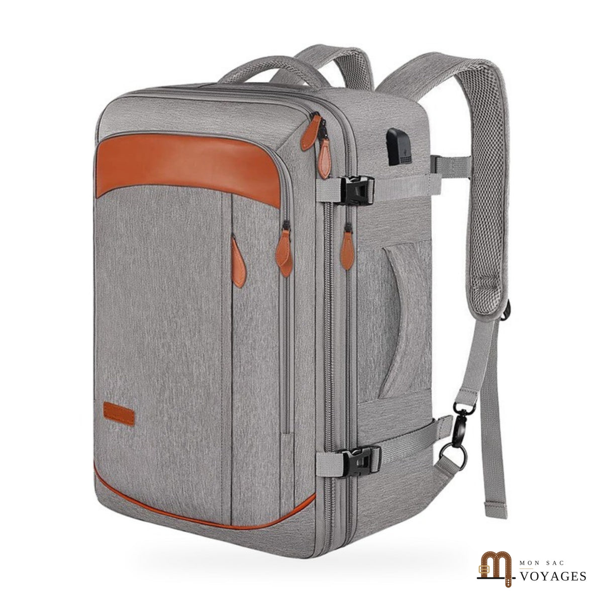 Sac à dos cabine Horizon gris vu de trois quarts avec port USB