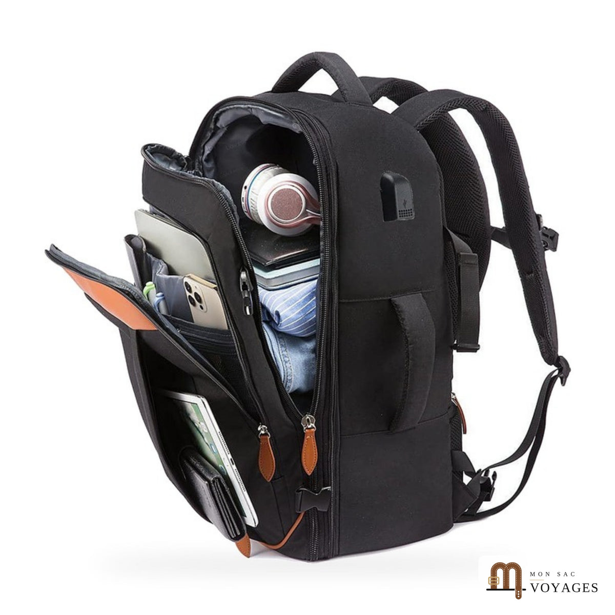 Sac à dos cabine Horizon noir ouvert avec poche ordinateur et rangements