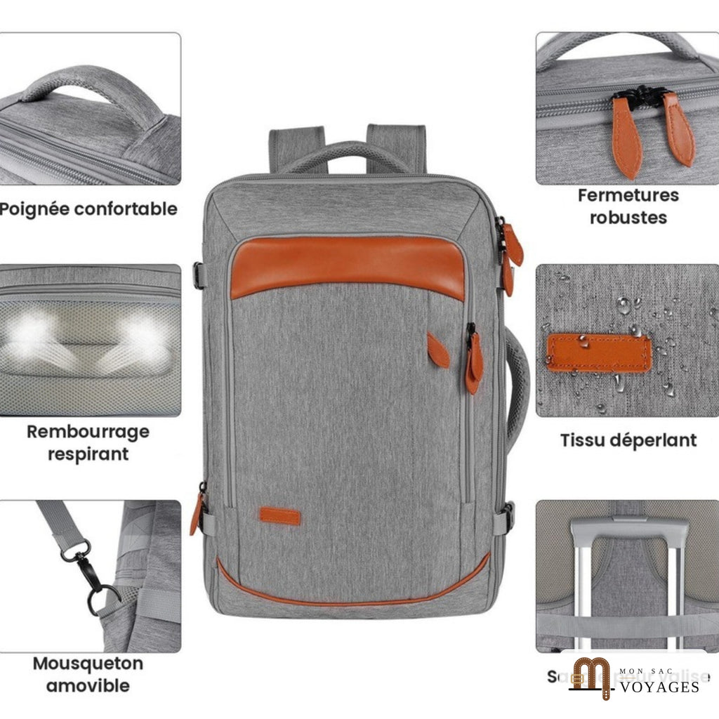 Détails du sac à dos cabine Horizon gris : poignée, fermetures, tissu déperlant, mousqueton et sangle pour valise