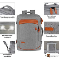 Détails du sac à dos cabine Horizon gris : poignée, fermetures, tissu déperlant, mousqueton et sangle pour valise