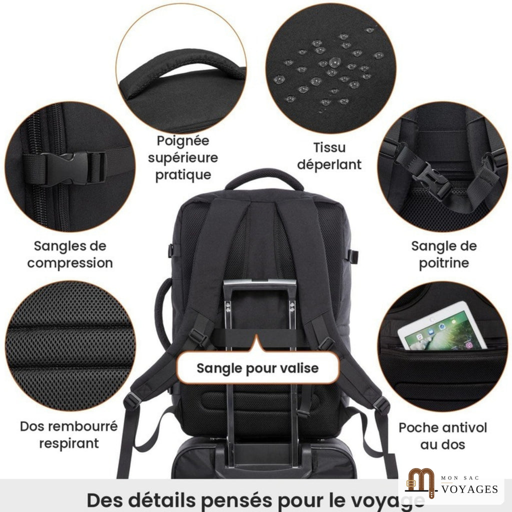 Détails du sac à dos cabine Horizon noir : sangle pour valise, sangle de poitrine et poche antivol au dos