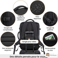 Détails du sac à dos cabine Horizon noir : sangle pour valise, sangle de poitrine et poche antivol au dos