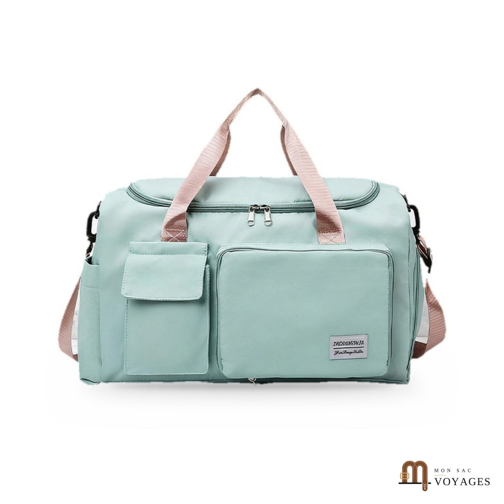 Sac de voyage week-end Capri vert d'eau avec anses roses, compartiment chaussures et poches avant