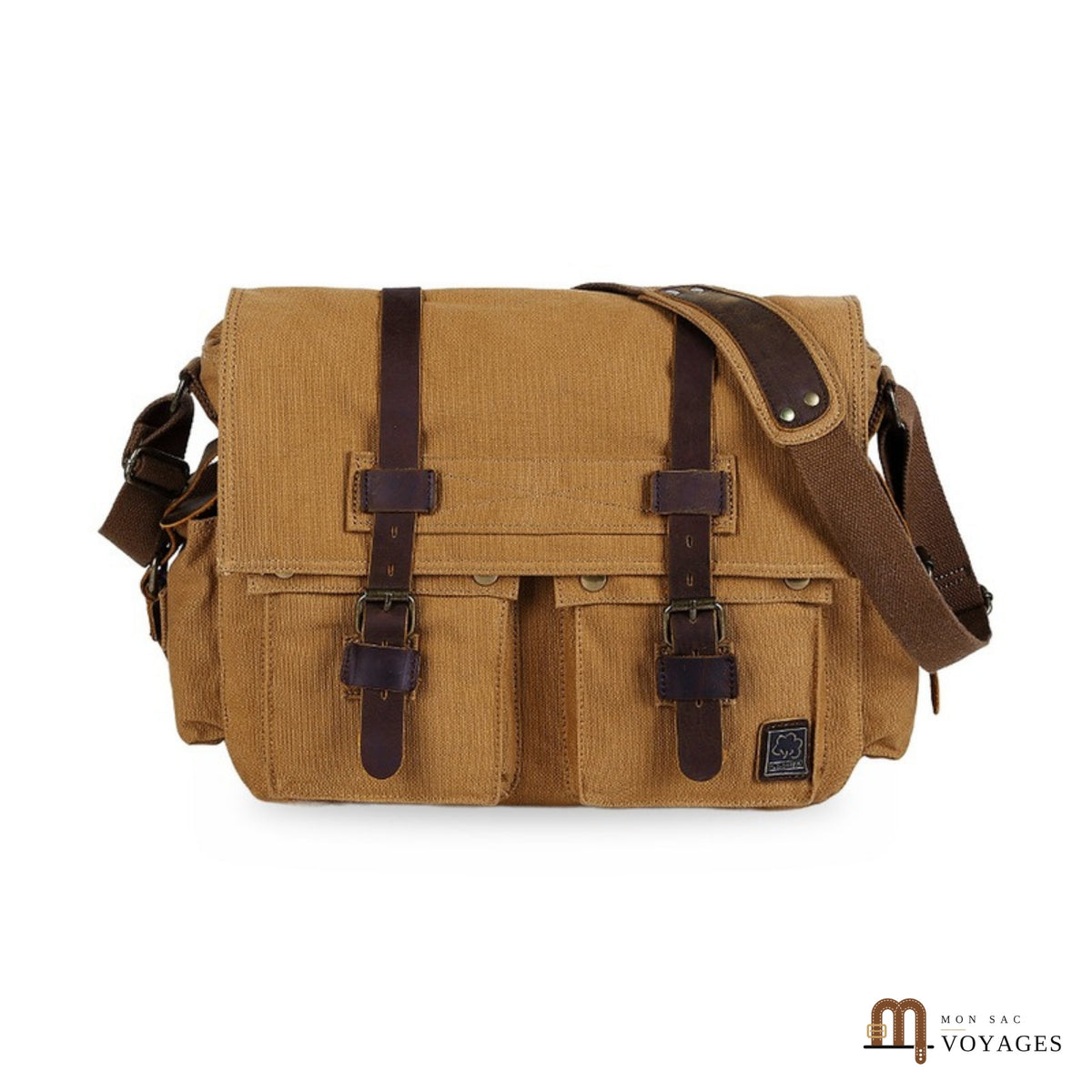 Sac bandoulière toile et cuir Reporter camel vu de face