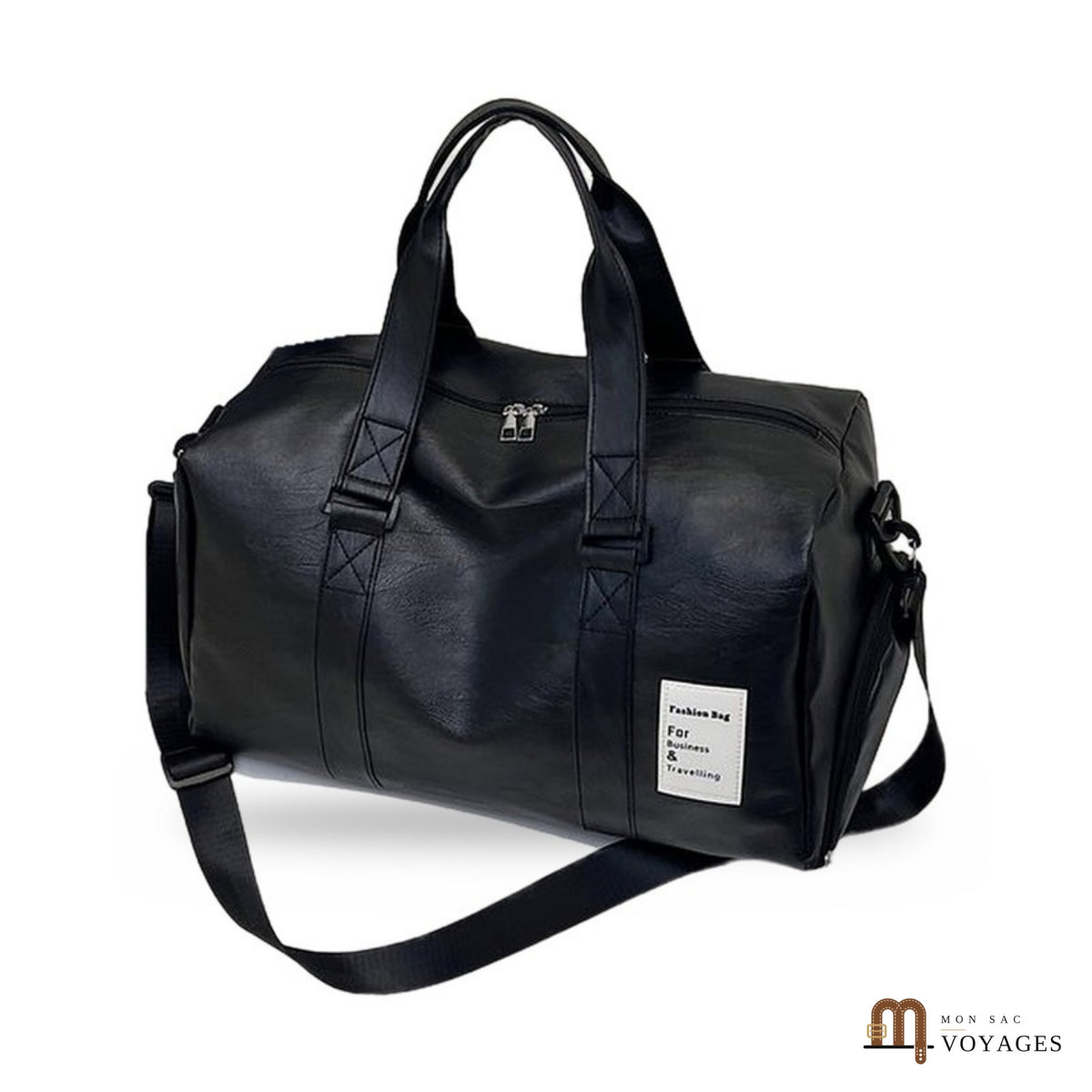 Sac de voyage noir Milano en simili cuir vu de trois quarts, avec sa bandoulière
