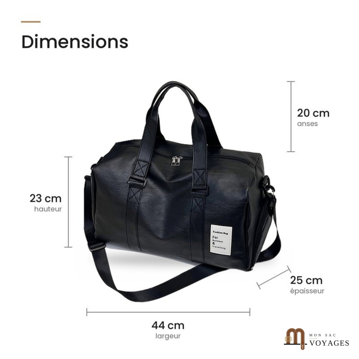 Dimensions du sac de voyage noir Milano : 44 x 23 x 25 cm, anses de 20 cm