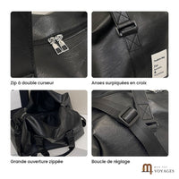 Détails du sac de voyage Milano : zip à double curseur, anses surpiquées, grande ouverture zippée, boucle de réglage