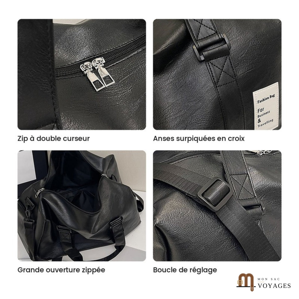 Détails du sac de voyage Milano : zip à double curseur, anses surpiquées, grande ouverture zippée, boucle de réglage