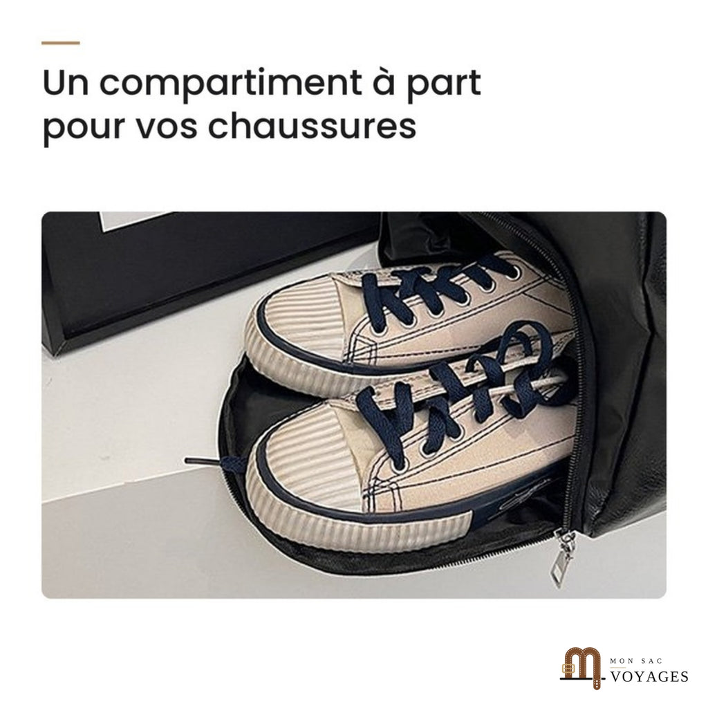Compartiment chaussures zippé du sac de voyage noir Milano avec une paire de baskets