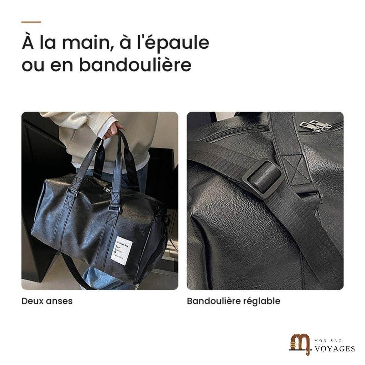 Sac de voyage noir Milano porté par ses deux anses et détail de sa bandoulière réglable