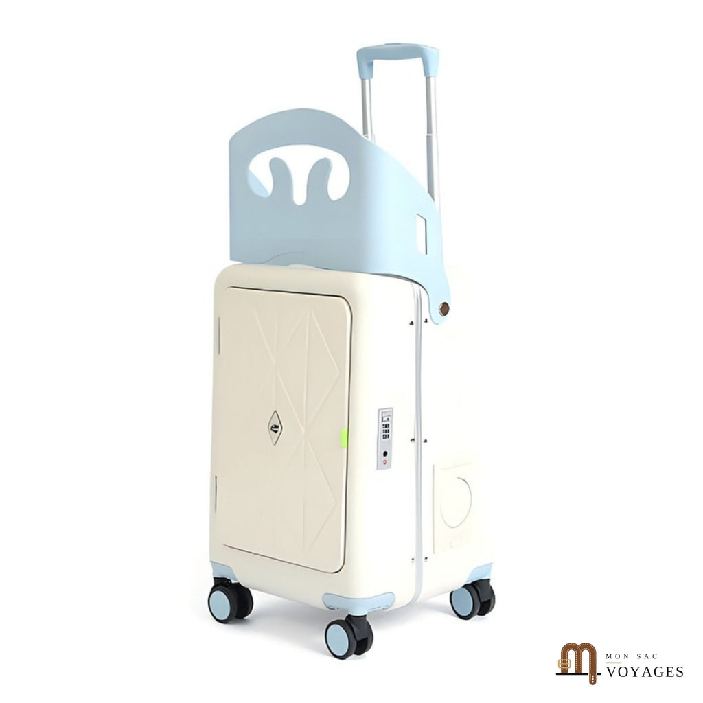 Valise avec siège enfant Équipage blanc et bleu, dossier relevé