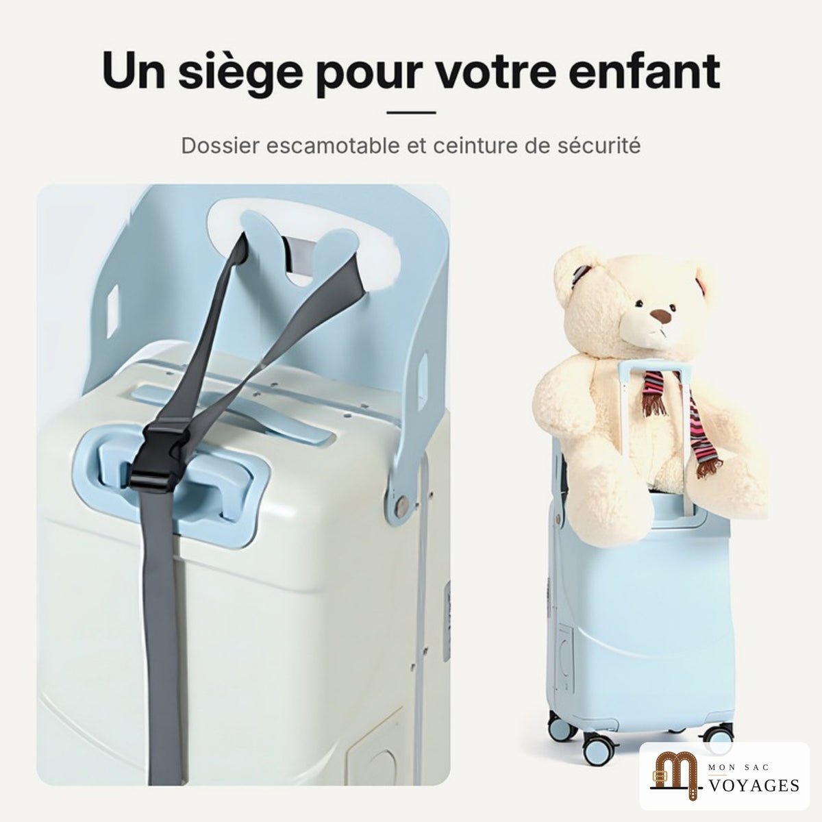 Siège de la valise Équipage avec dossier, ceinture de sécurité et peluche assise