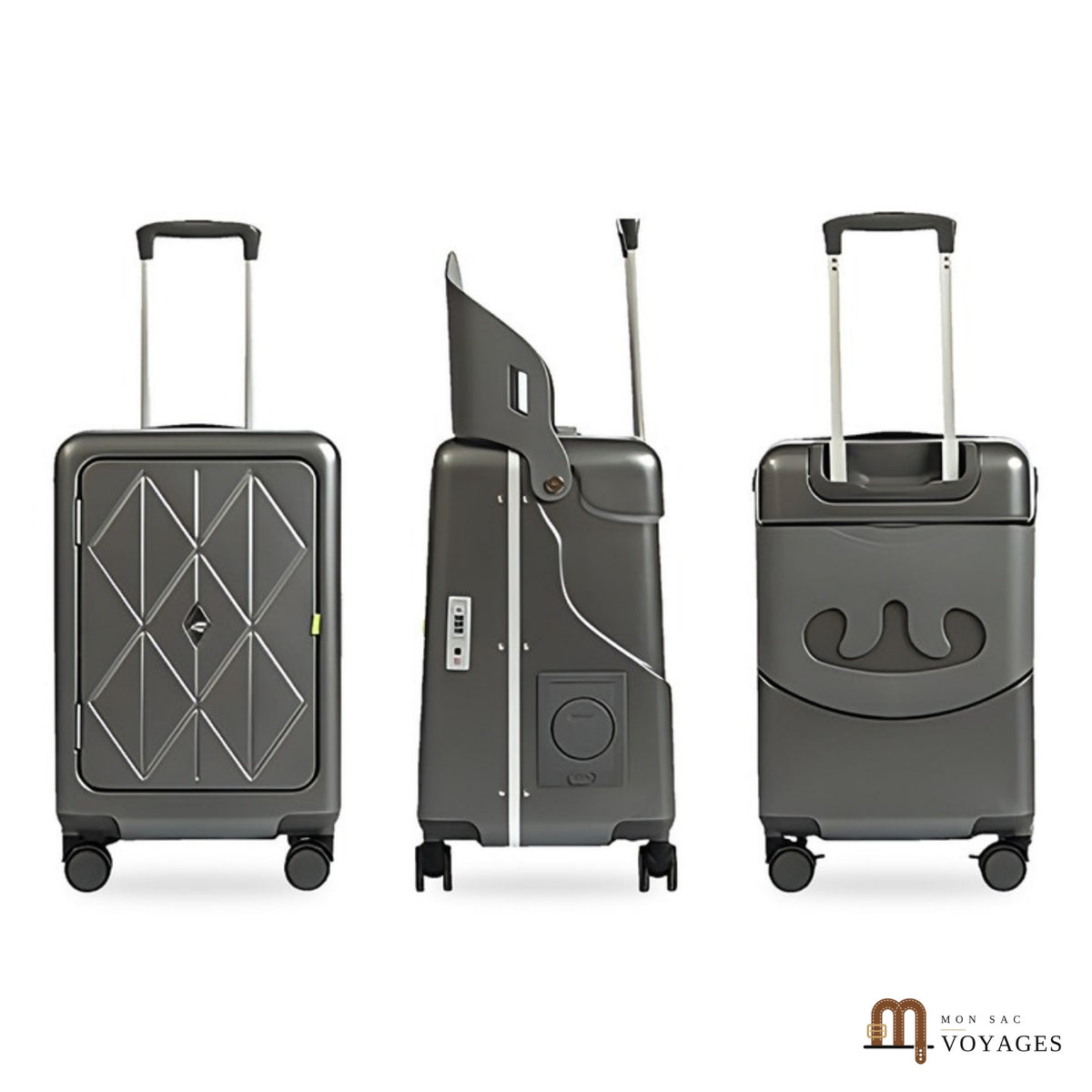Valise Équipage gris anthracite vue de face, de profil dossier relevé et de dos