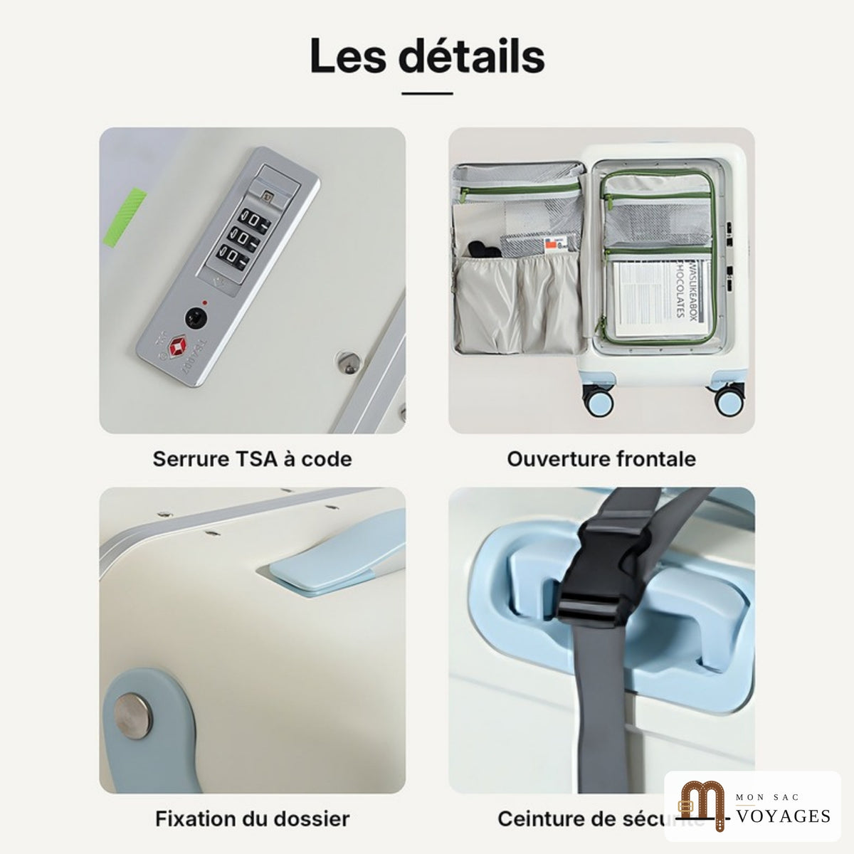 Détails de la valise Équipage : serrure TSA, ouverture frontale, fixation du dossier et ceinture