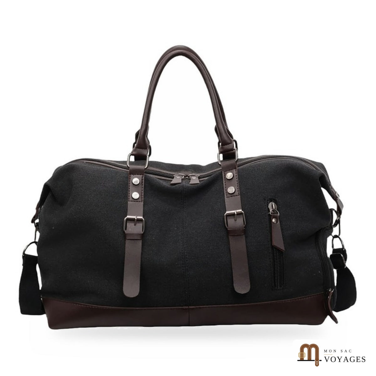 Sac de voyage en toile Bivouac noir vu de face, finitions marron