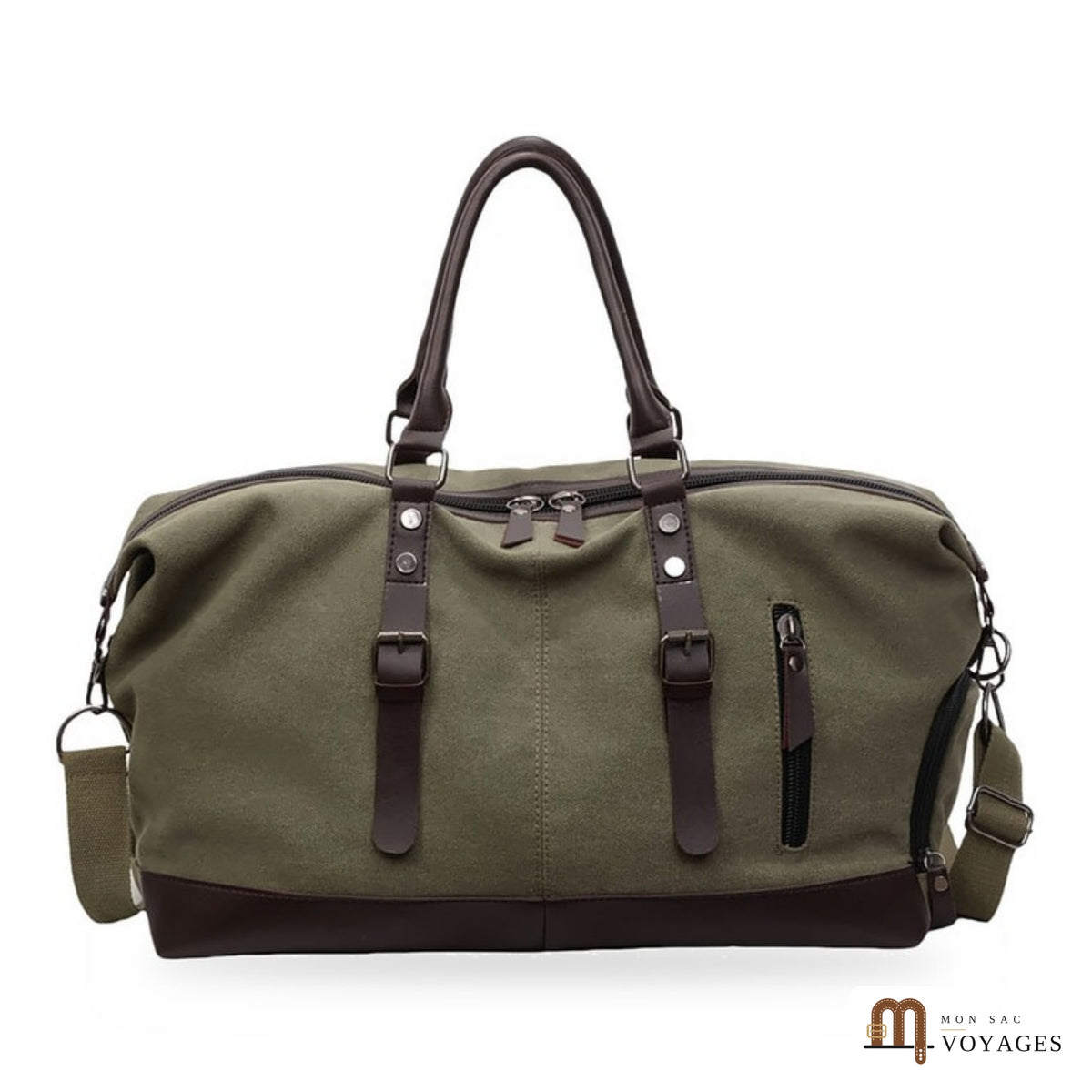 Sac de voyage en toile Bivouac kaki vu de face, finitions marron