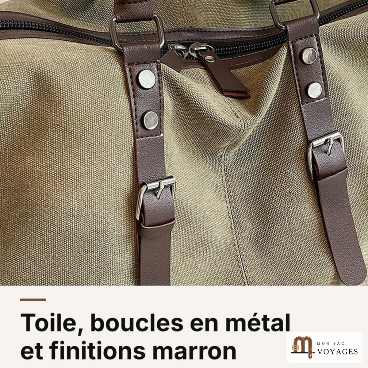 Toile kaki, sangles à boucle en métal et finitions marron du sac de voyage Bivouac
