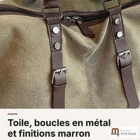 Toile kaki, sangles à boucle en métal et finitions marron du sac de voyage Bivouac