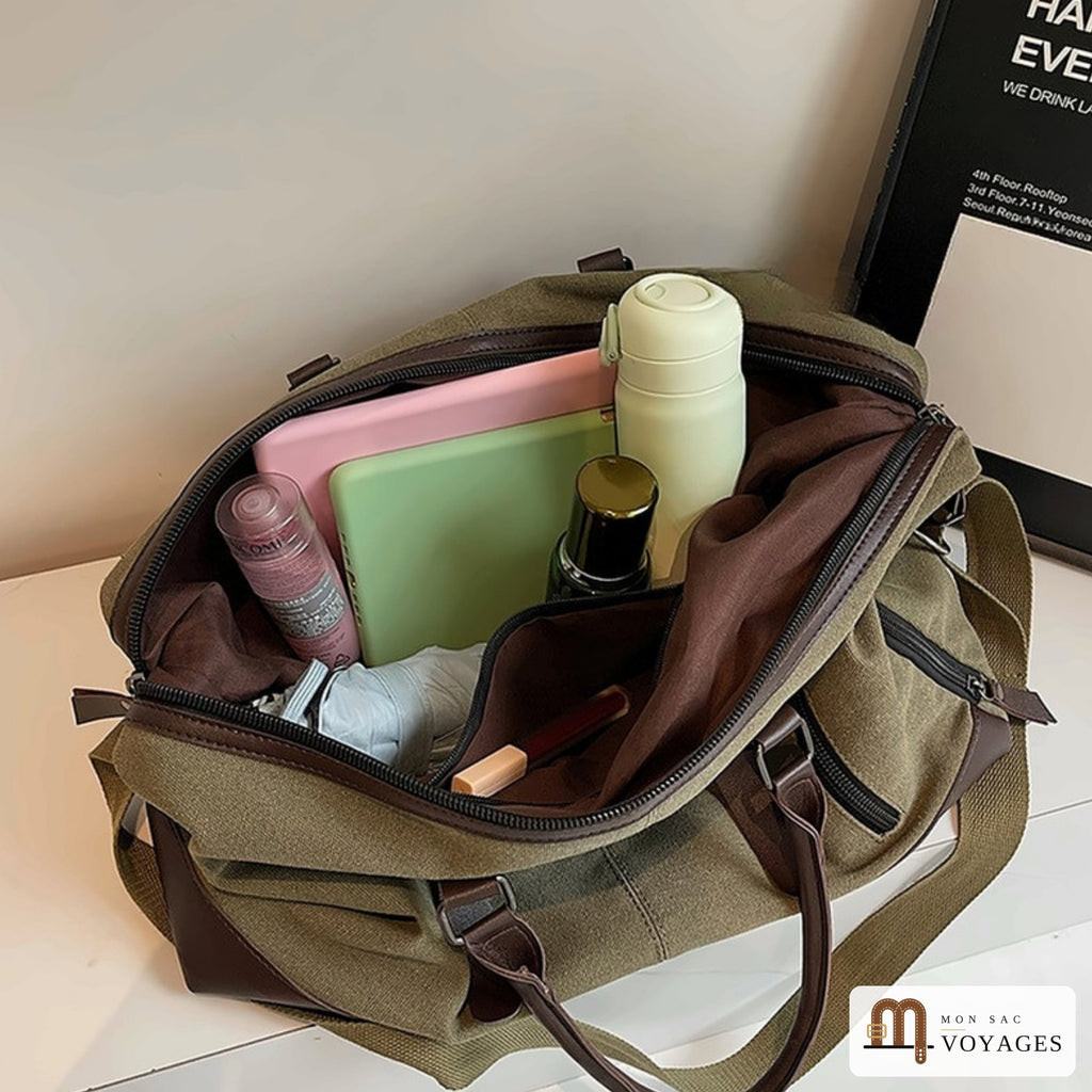 Intérieur du sac de voyage Bivouac : doublure marron et poche zippée