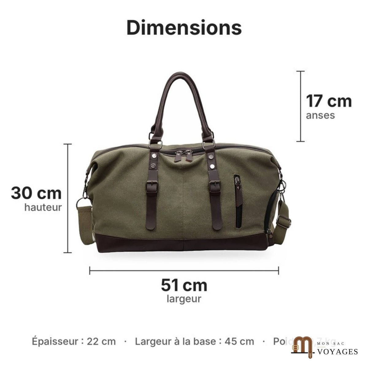 Dimensions du sac de voyage Bivouac : 51 cm de large, 30 cm de haut, 22 cm d'épaisseur, anses de 17 cm