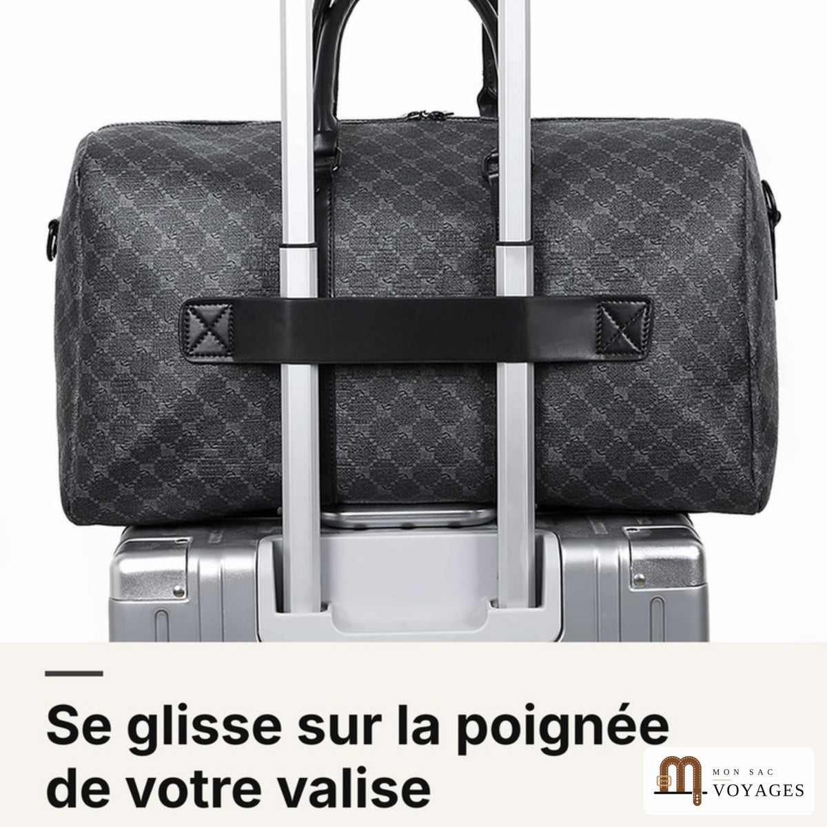 Sac de voyage Dandy fixé sur la poignée télescopique d'une valise