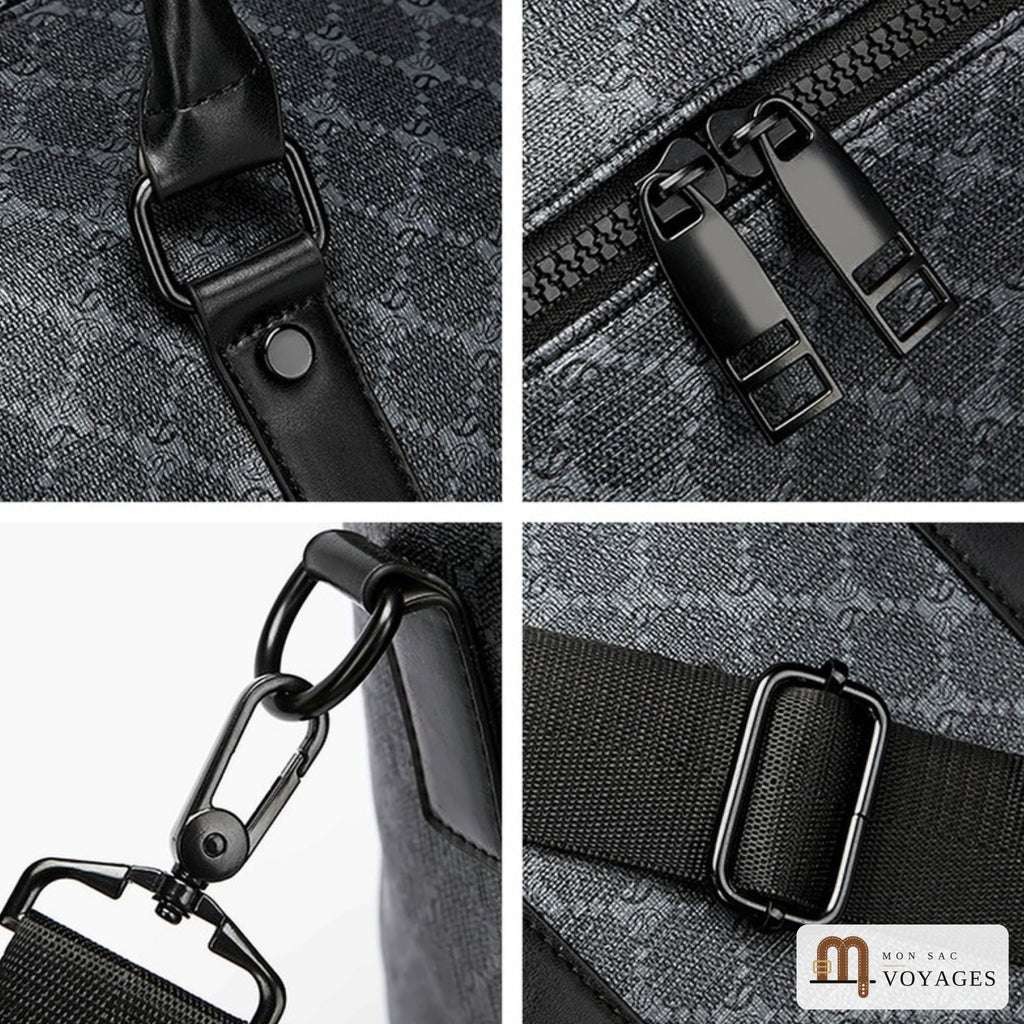 Détails du sac Dandy : anneau d'anse, zip à double curseur, mousqueton et boucle de réglage de la bandoulière