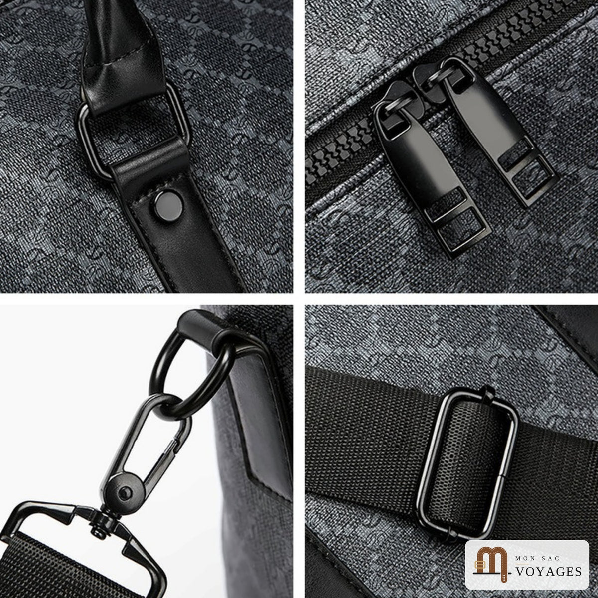 Détails du sac Dandy : anneau d'anse, zip à double curseur, mousqueton et boucle de réglage de la bandoulière
