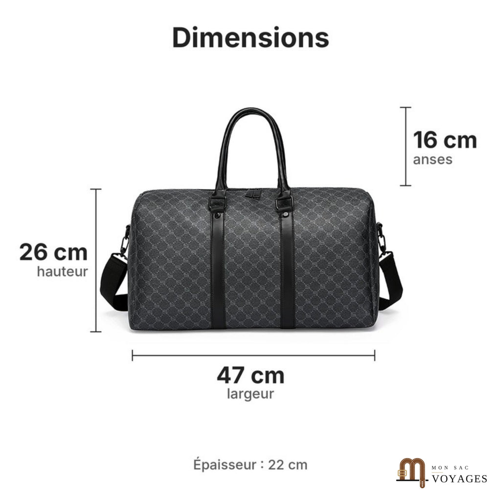 Dimensions du sac de voyage Dandy : 47 cm de large, 26 cm de haut, 22 cm d'épaisseur, anses de 16 cm
