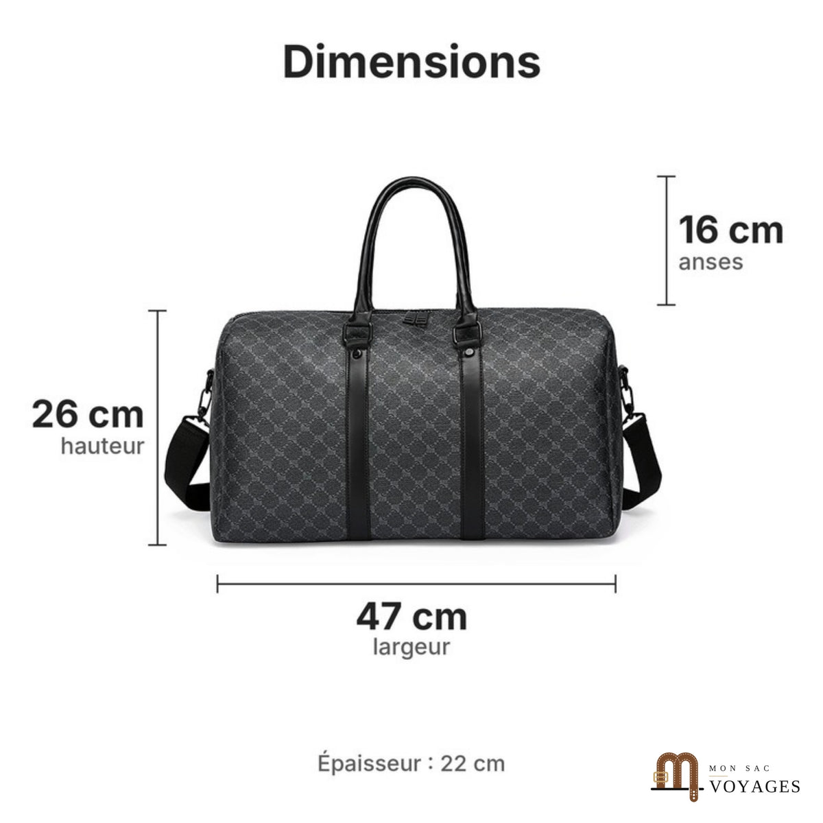 Dimensions du sac de voyage Dandy : 47 cm de large, 26 cm de haut, 22 cm d'épaisseur, anses de 16 cm