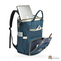 Sac à dos Navette ouvert de trois quarts avec ordinateur, téléphone et gourde