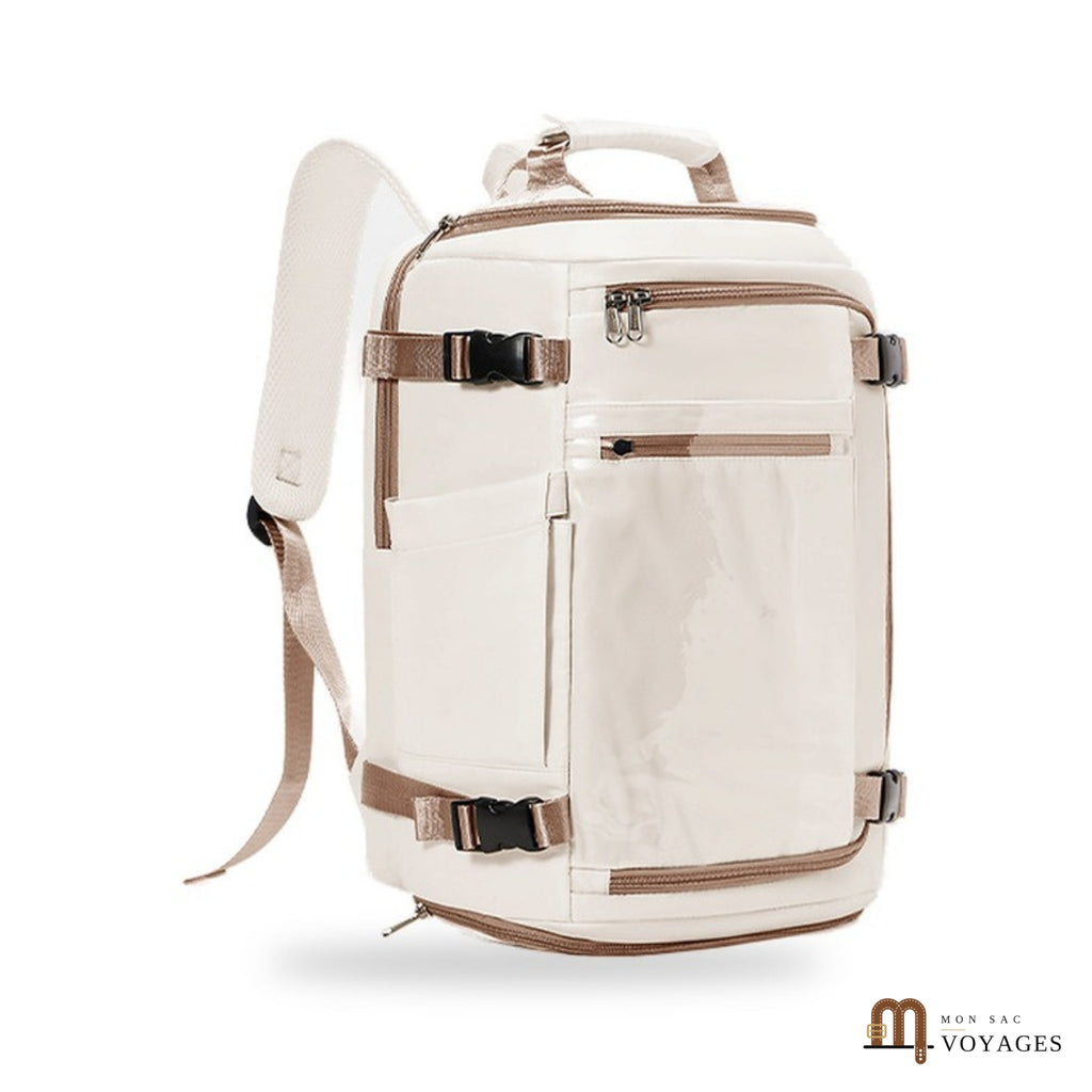 Sac à dos de voyage Odyssée beige et marron vu de face