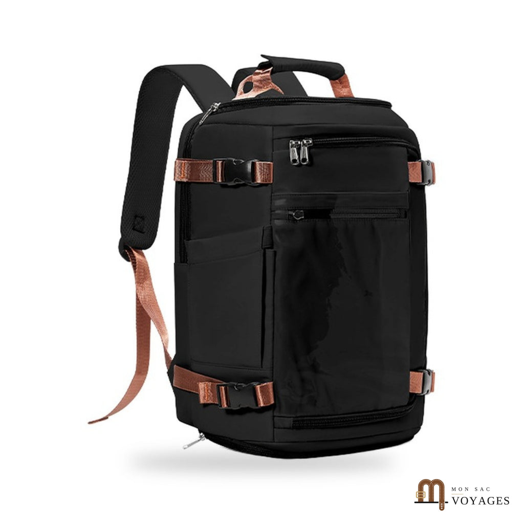 Sac à dos de voyage Odyssée noir avec sangles marron vu de face sur fond blanc