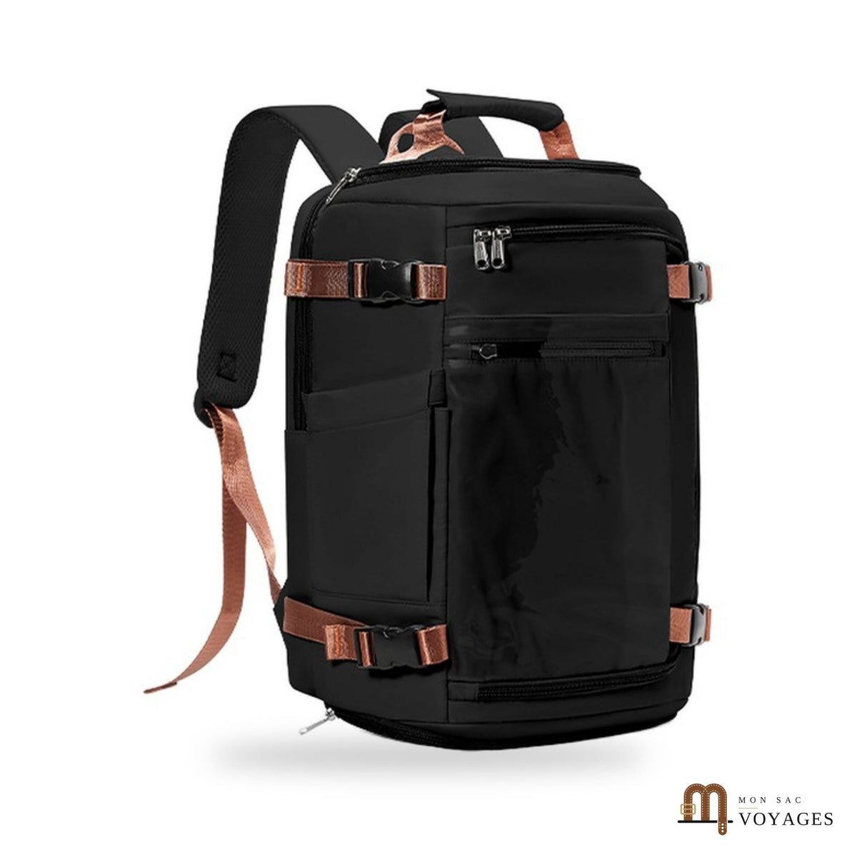 Sac à dos de voyage Odyssée noir avec sangles marron vu de face sur fond blanc