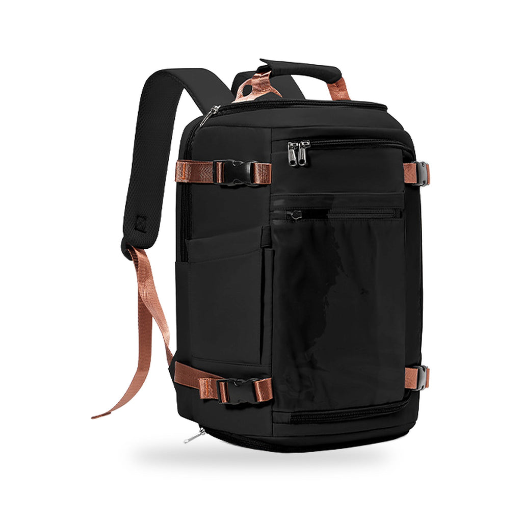 Pack Odyssée + Visa : sac à dos Odyssée noir avec sangles marron, vu de face sur fond blanc