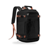Pack Odyssée + Visa : sac à dos Odyssée noir avec sangles marron, vu de face sur fond blanc