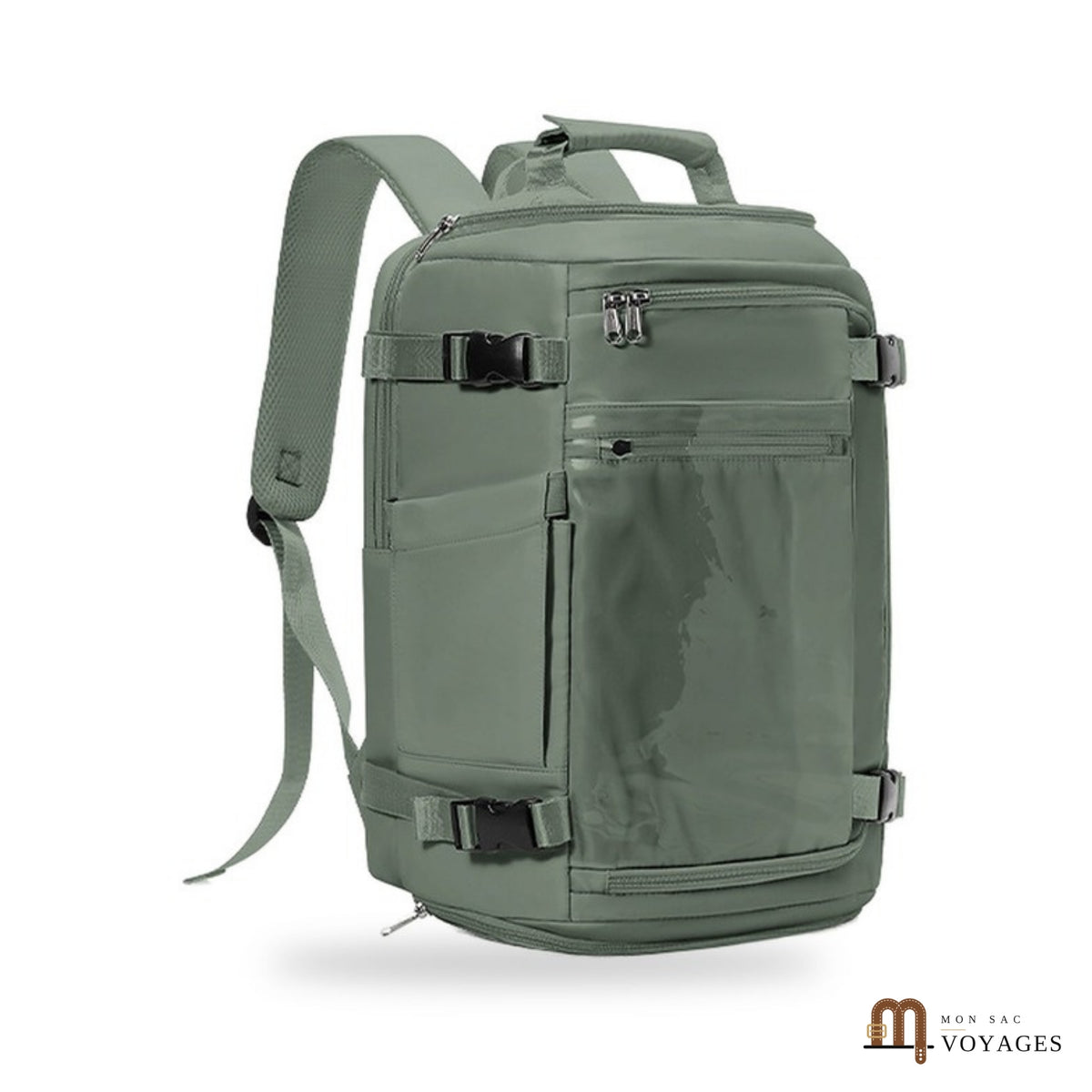 Sac à dos de voyage Odyssée vert militaire vu de face sur fond blanc