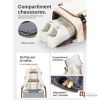 Détails de l'Odyssée : compartiment chaussures, œillet d'aération, ordinateur, sec et humide