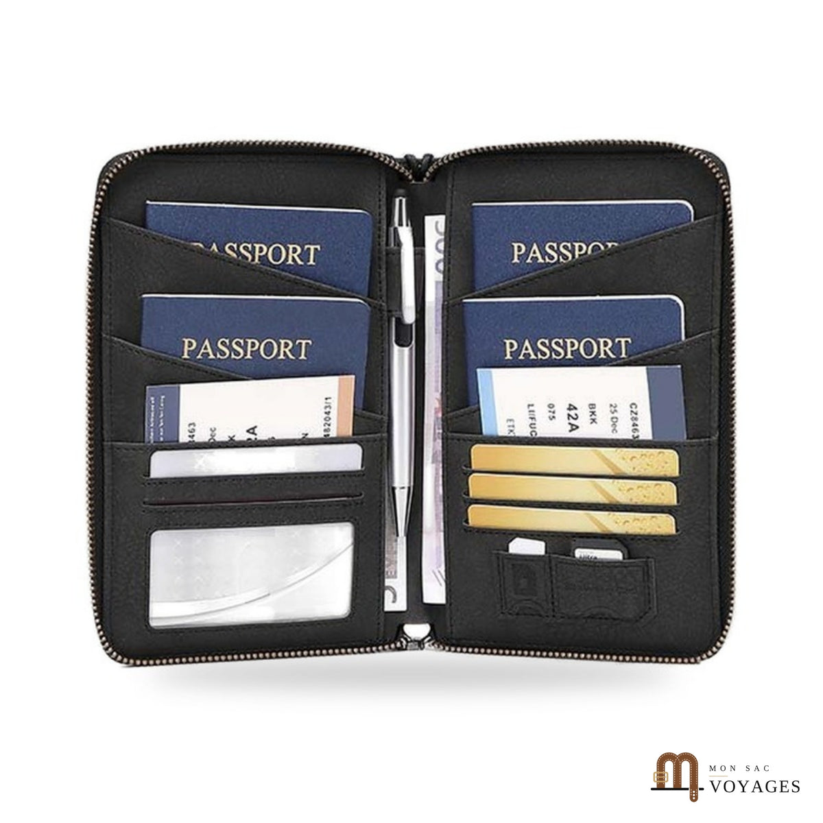 Protège-passeport Visa noir ouvert avec passeports, cartes et stylo sur fond blanc