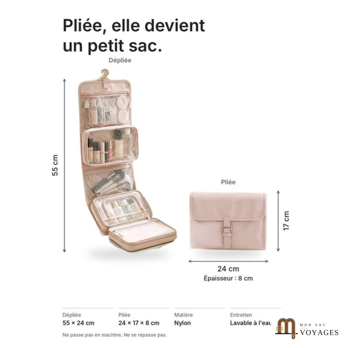 Dimensions de la trousse Lagune : 55 x 24 cm dépliée, 24 x 17 x 8 cm pliée