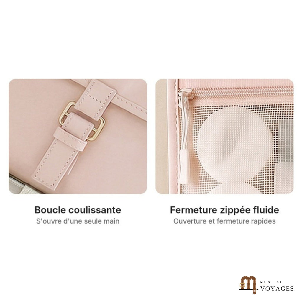 Détails de la trousse Lagune : boucle coulissante et fermeture zippée