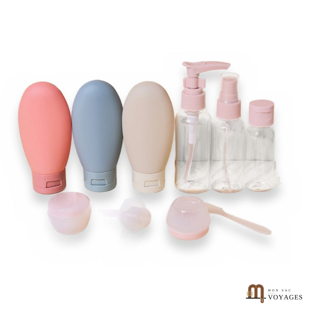 Kit de flacons de voyage Lido corail, bleu et beige sur fond blanc