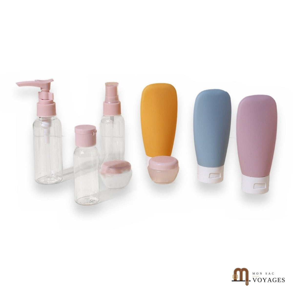 Kit de flacons de voyage Lido orange, bleu et mauve sur fond blanc