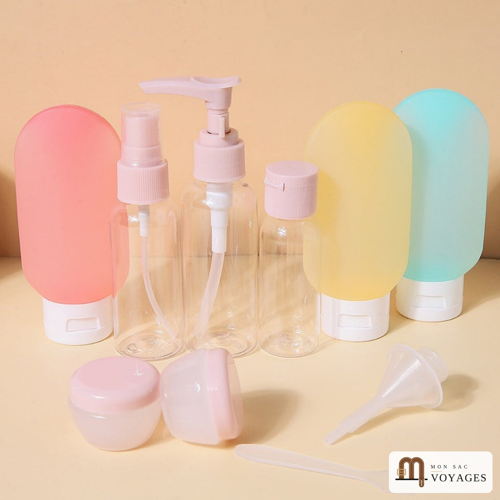 Kit Lido rose, jaune et turquoise : flacons silicone, pompe, spray, pots et accessoires