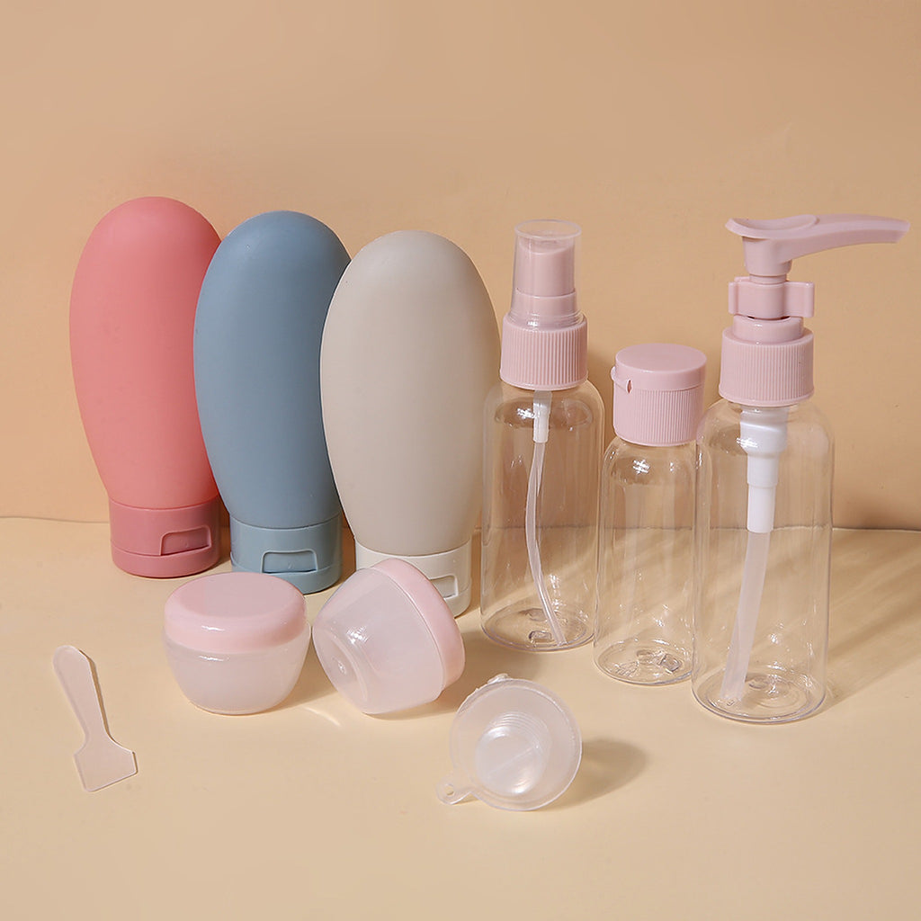 Kit Lido corail, bleu et beige : flacons silicone, pompe, spray, pots et accessoires