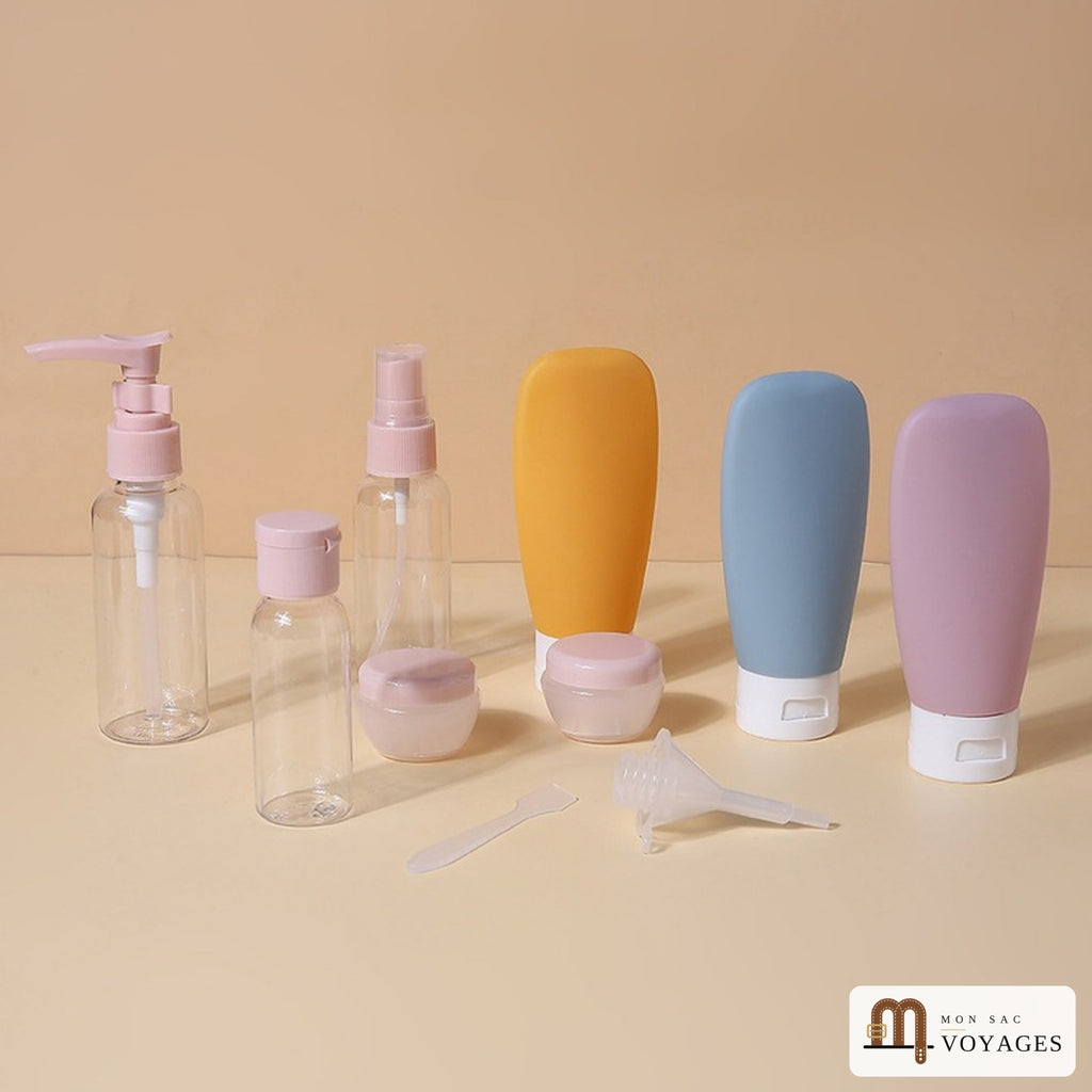 Kit Lido orange, bleu et mauve : flacons silicone, pompe, spray, pots et accessoires