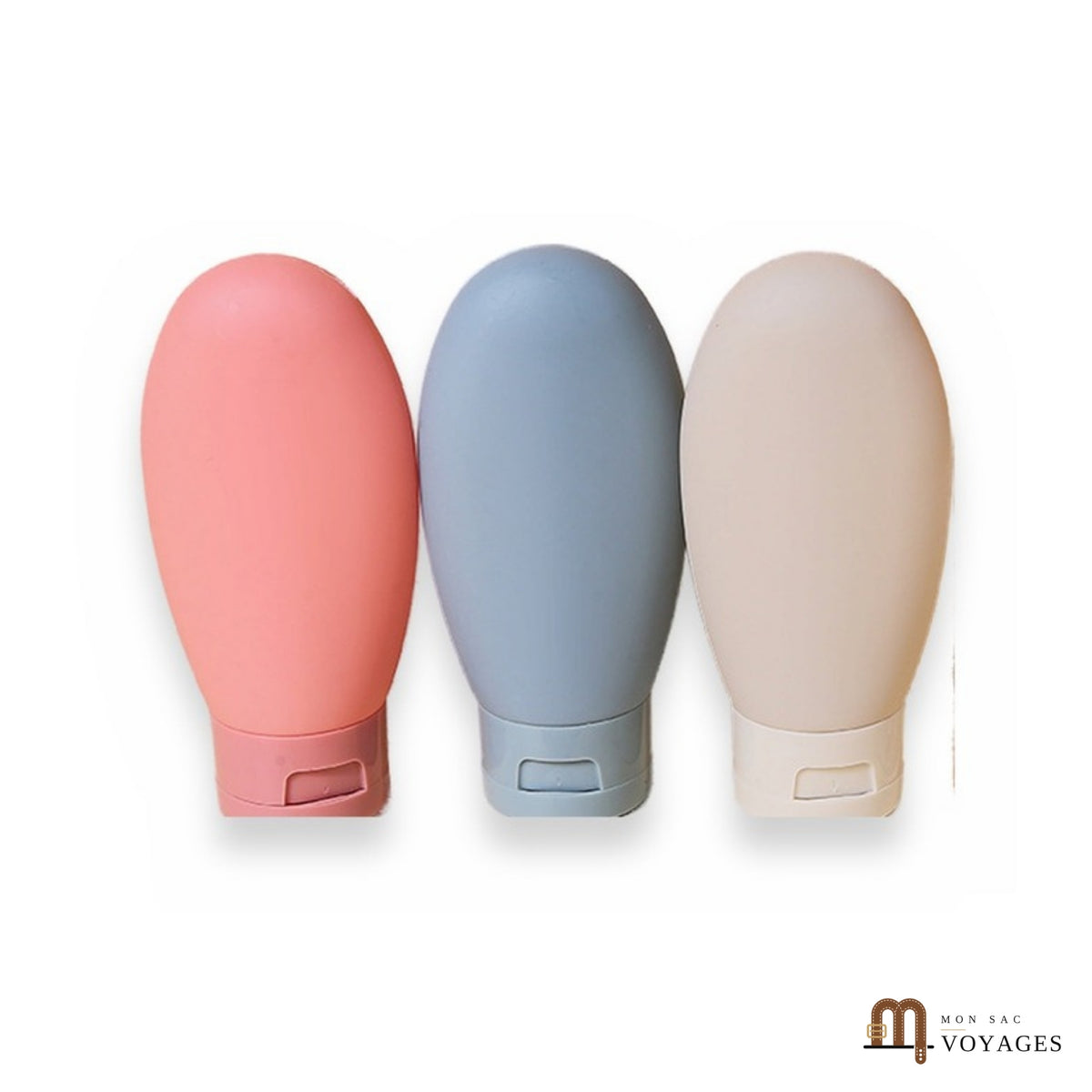 Trois flacons de voyage en silicone de 60 ml avec bouchon à clapet