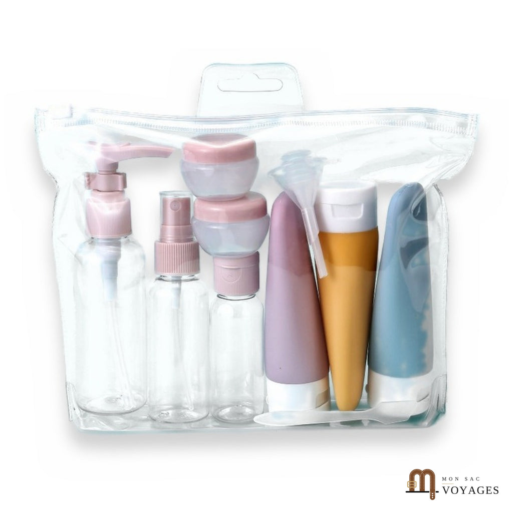 Kit de flacons de voyage Lido rangé dans sa pochette transparente zippée