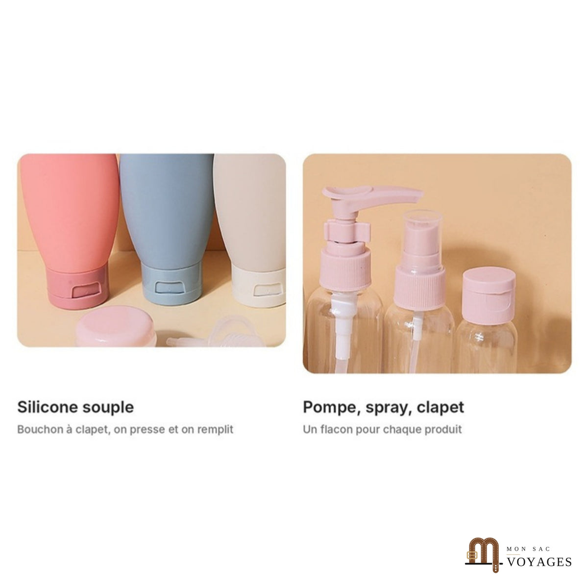 Détails du kit Lido : silicone souple, pompe, spray et bouchon à clapet