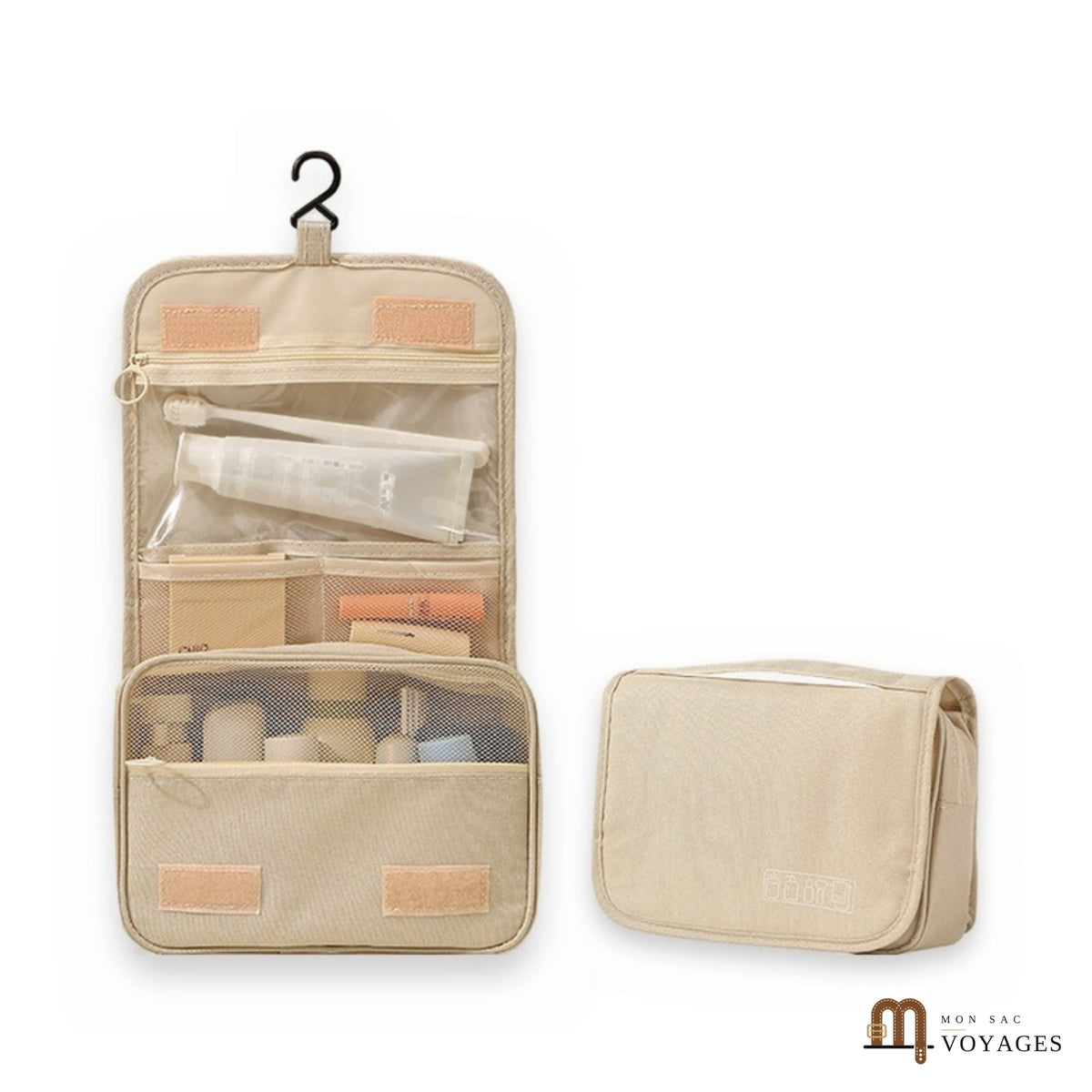 Trousse de toilette suspendue Escale beige, ouverte et pliée, sur fond blanc